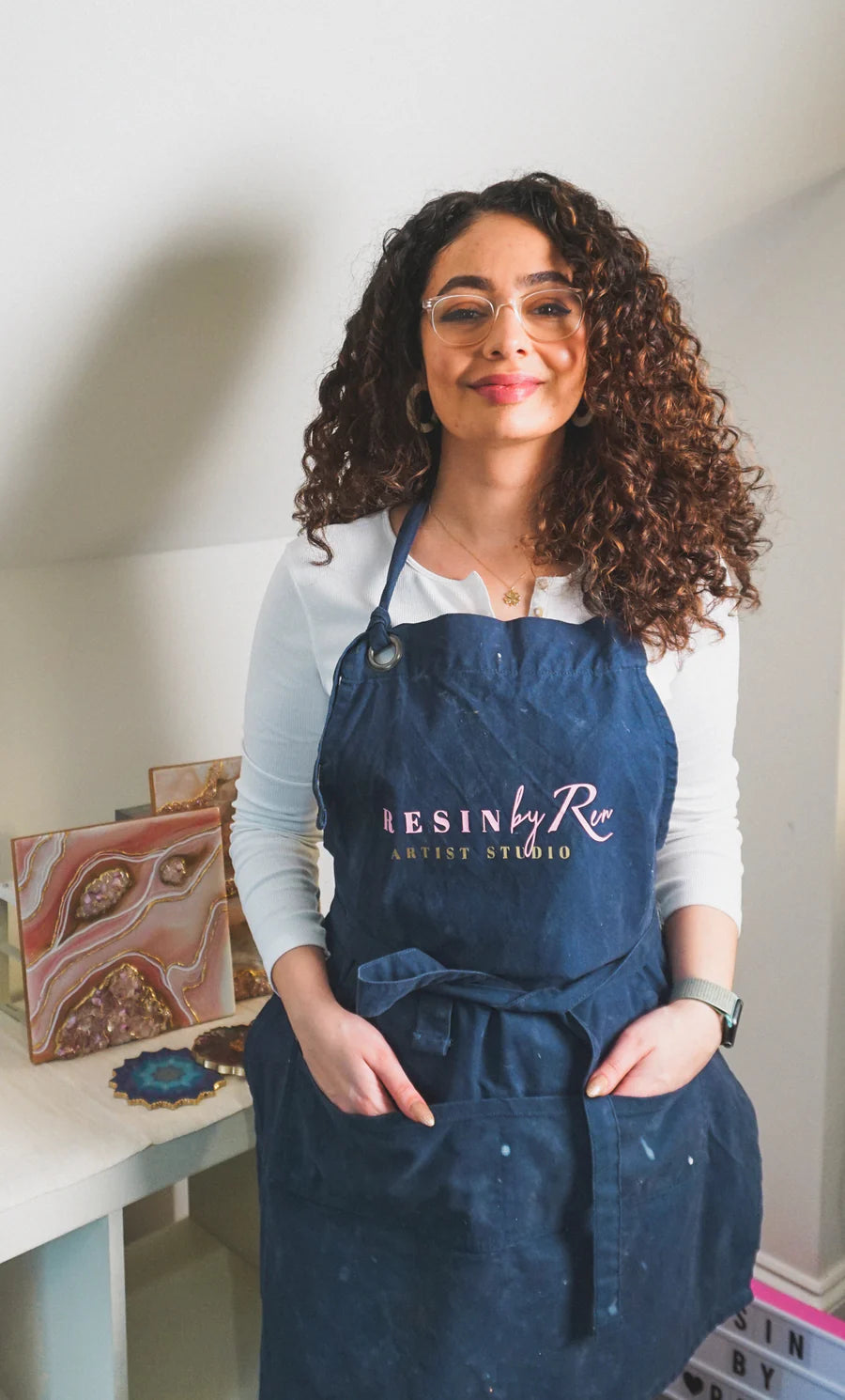 Rengin making a resin piece in her London studio