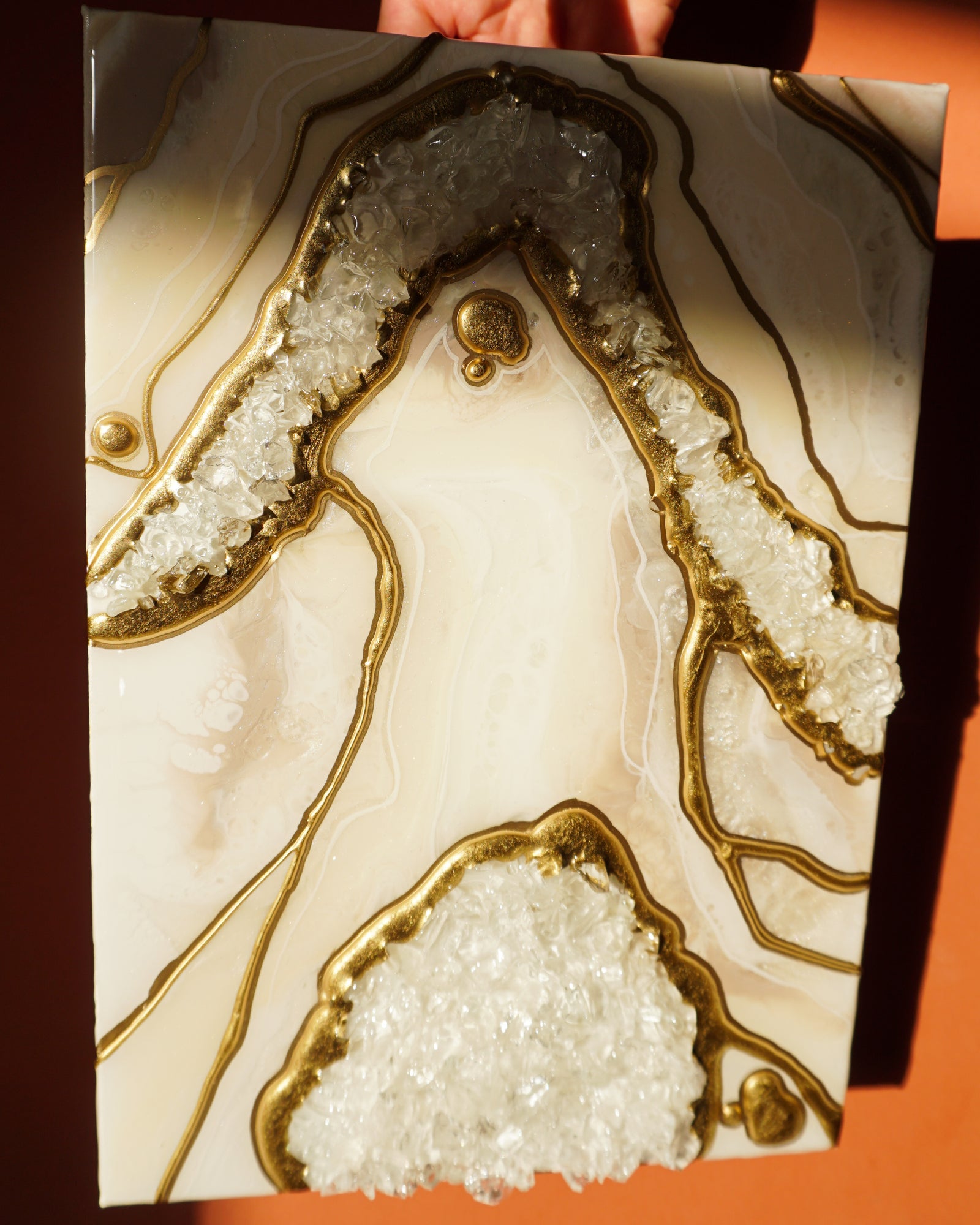 Abstract epoxy resin wall art with fluid design and crystal details