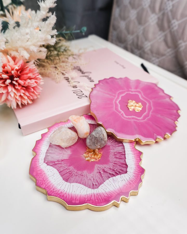 Modern resin home decor with custom designs, pink epoxy coaster