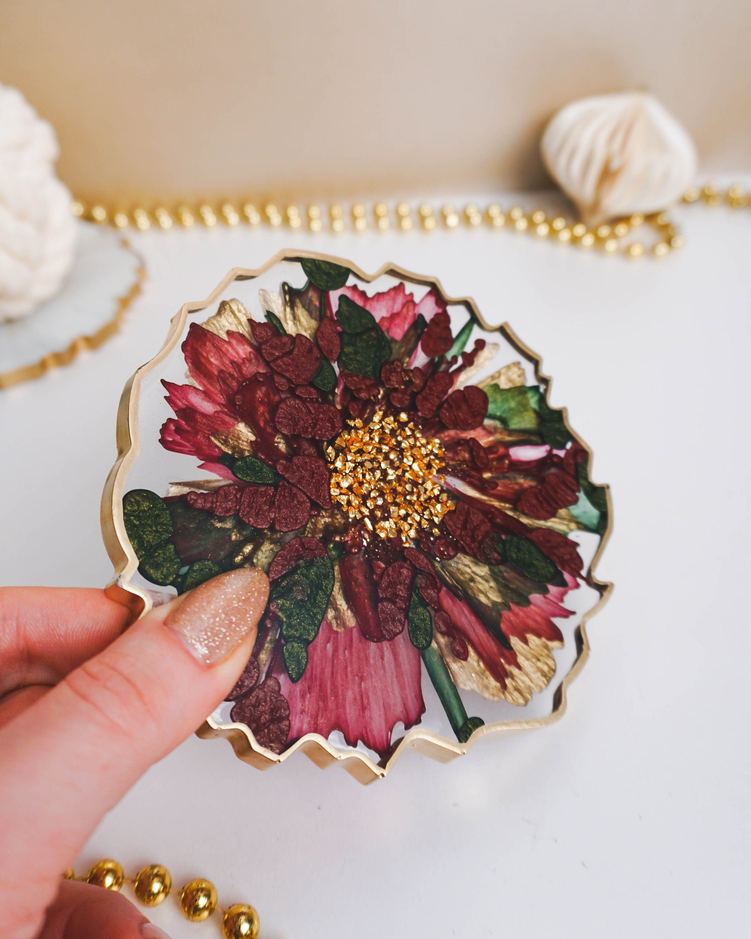 Maroon Red & Green 3D Flower - Geode Resin Coaster Set - Resin By Ren