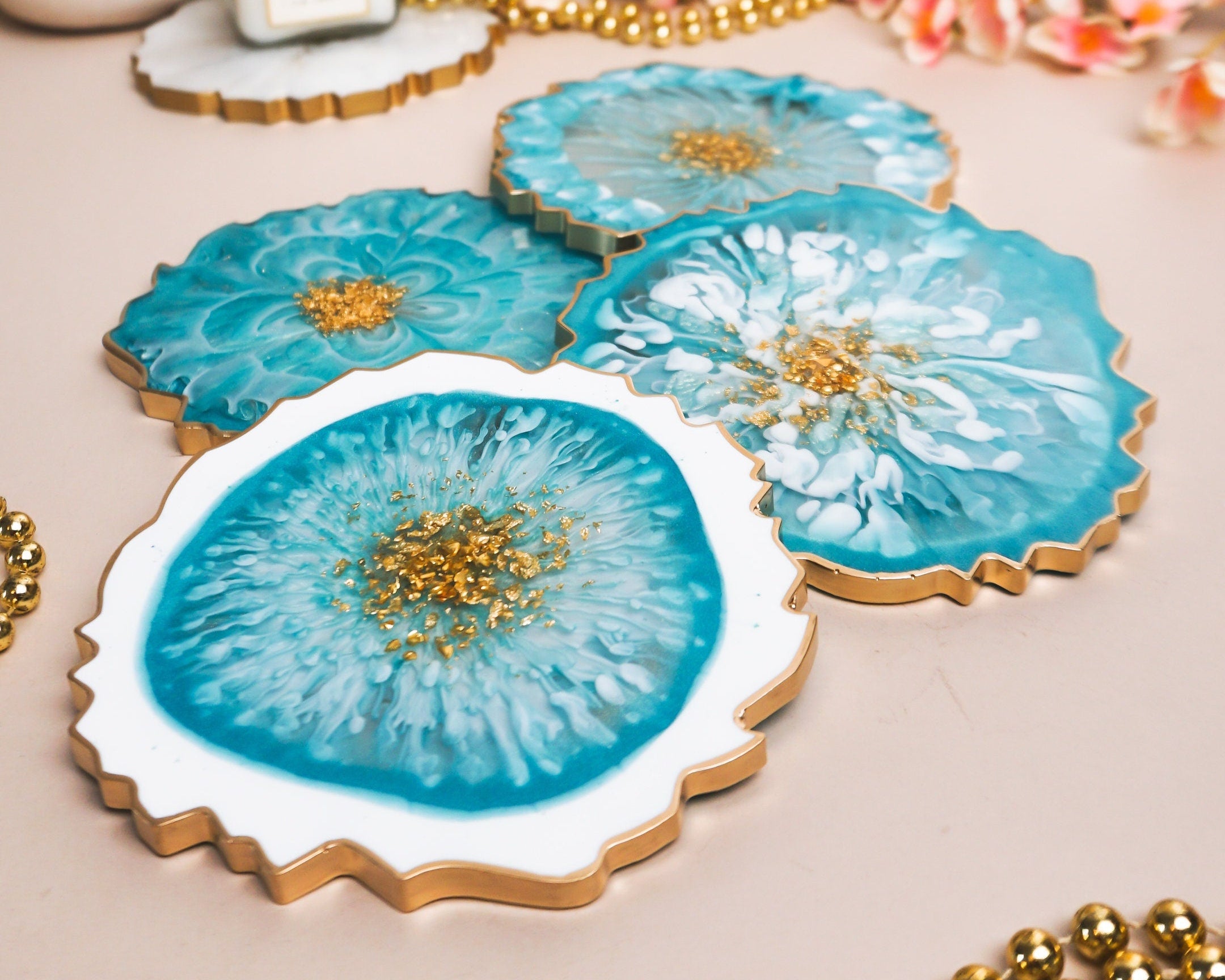 Blue, White, Gold Coaster Set 4 / Handmade Resin Coaster / Double