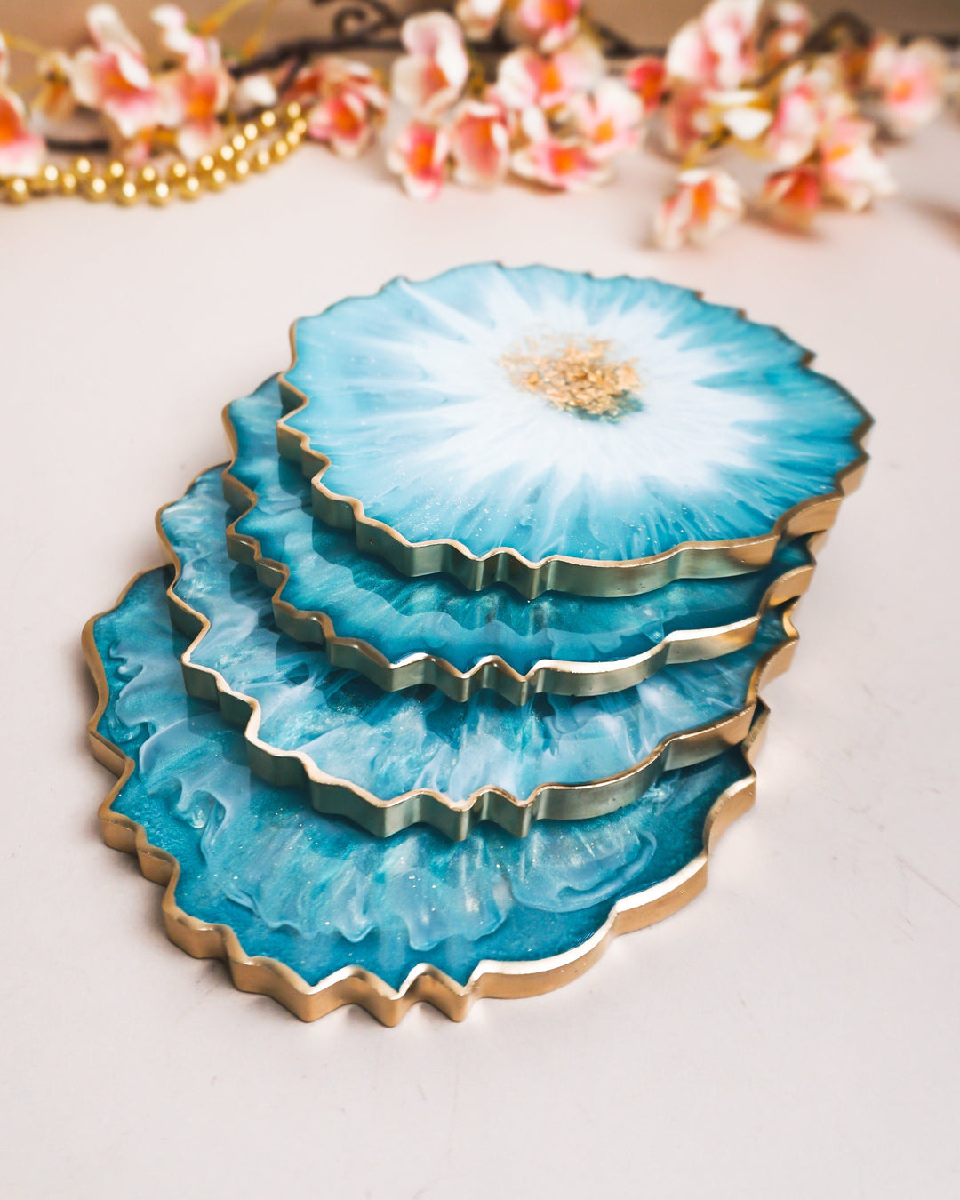Blue, White, Gold Coaster Set 4 / Handmade Resin Coaster / Double