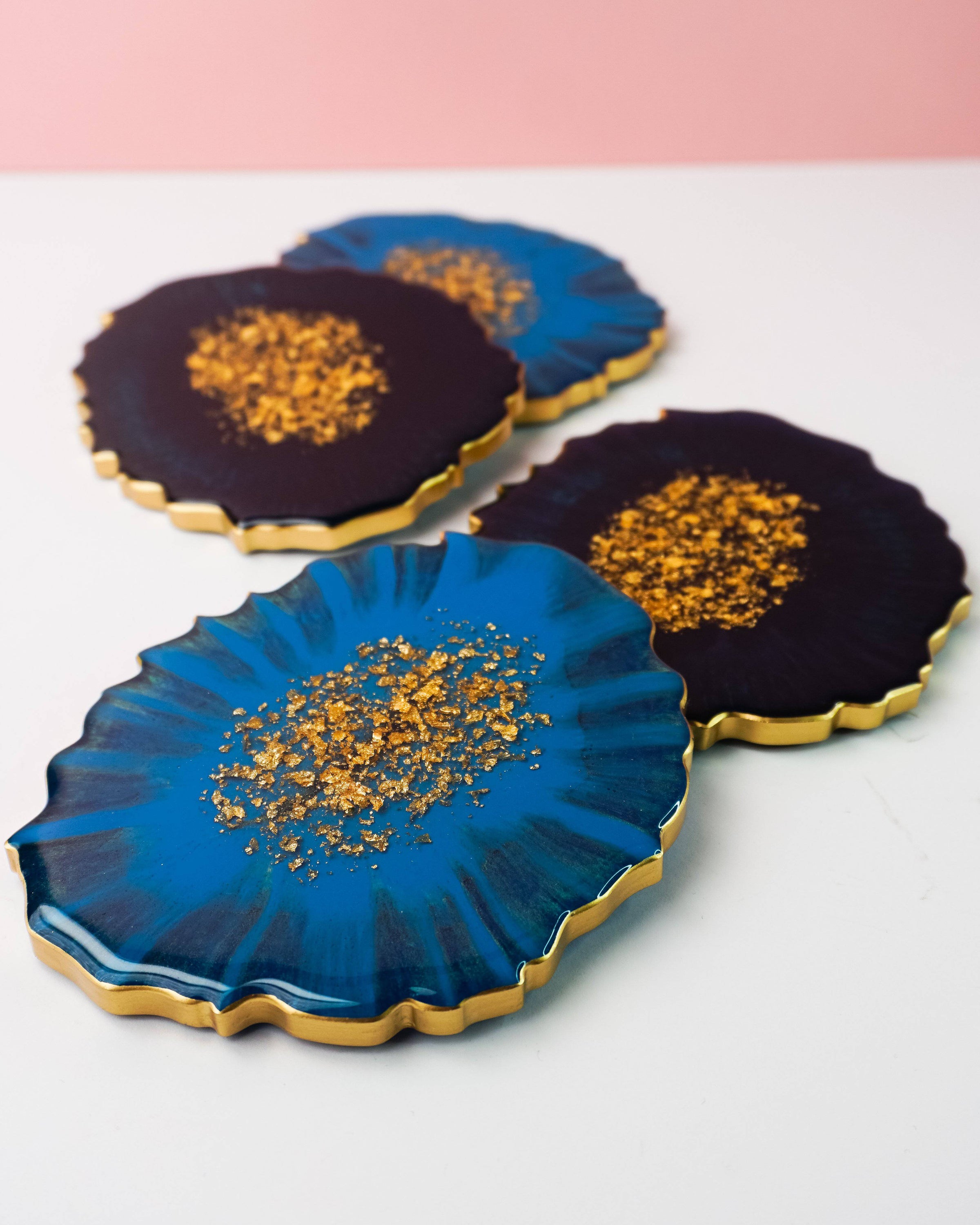 Royal Navy & Gold Coaster Set - Geode Resin Coaster Set - Resin By Ren - Navy Coaster