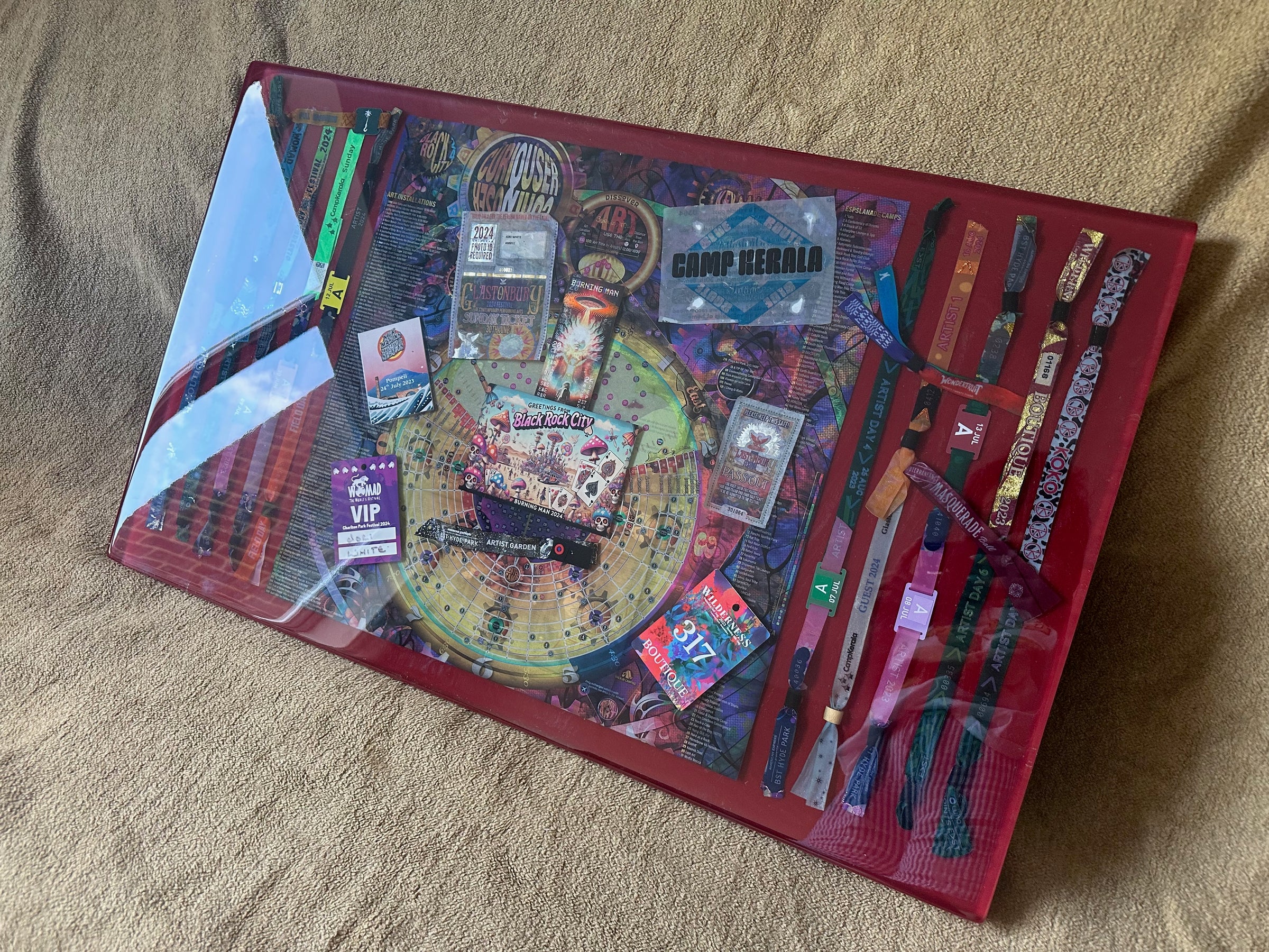 BESPOKE RED RESIN COFFEE TABLE WITH FESTIVAL BANDS INSERT