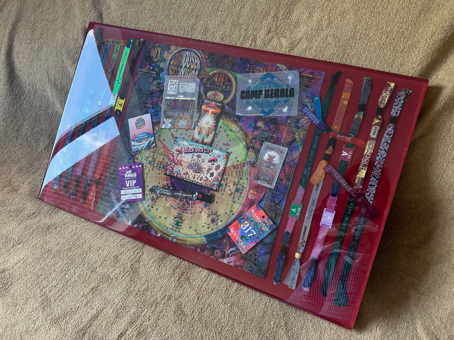 Bespoke resin coffee table with festival wristbands, custom commission by Rengin Wade, London