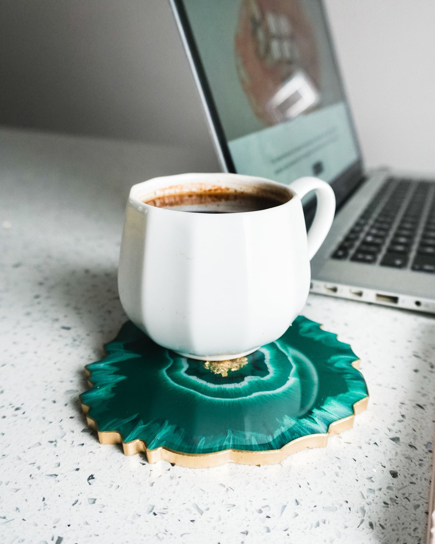 Green Aqua, White & Gold Coaster Single / Handmade Resin Agate Slice / Double