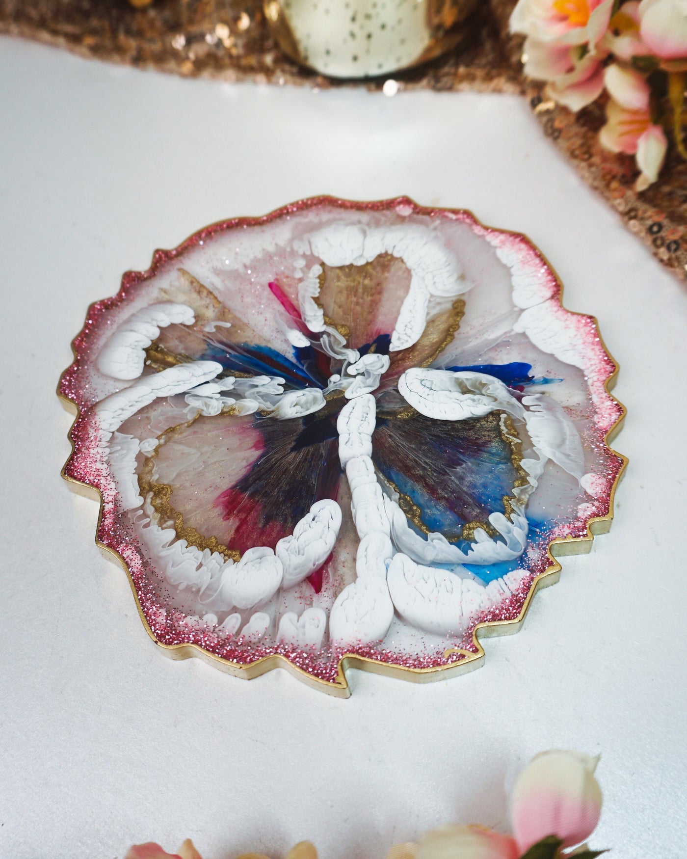 Cotton Candy Blossom Coaster - DOUBLE SIDED - Geode Resin Coaster Set - Resin By Ren