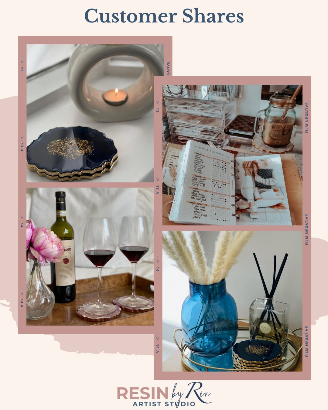 Royal Blue & Gold Coaster Set 2 / Handmade Resin Agate Slice / Gold Stones / Gift Idea for Bedroom Decor