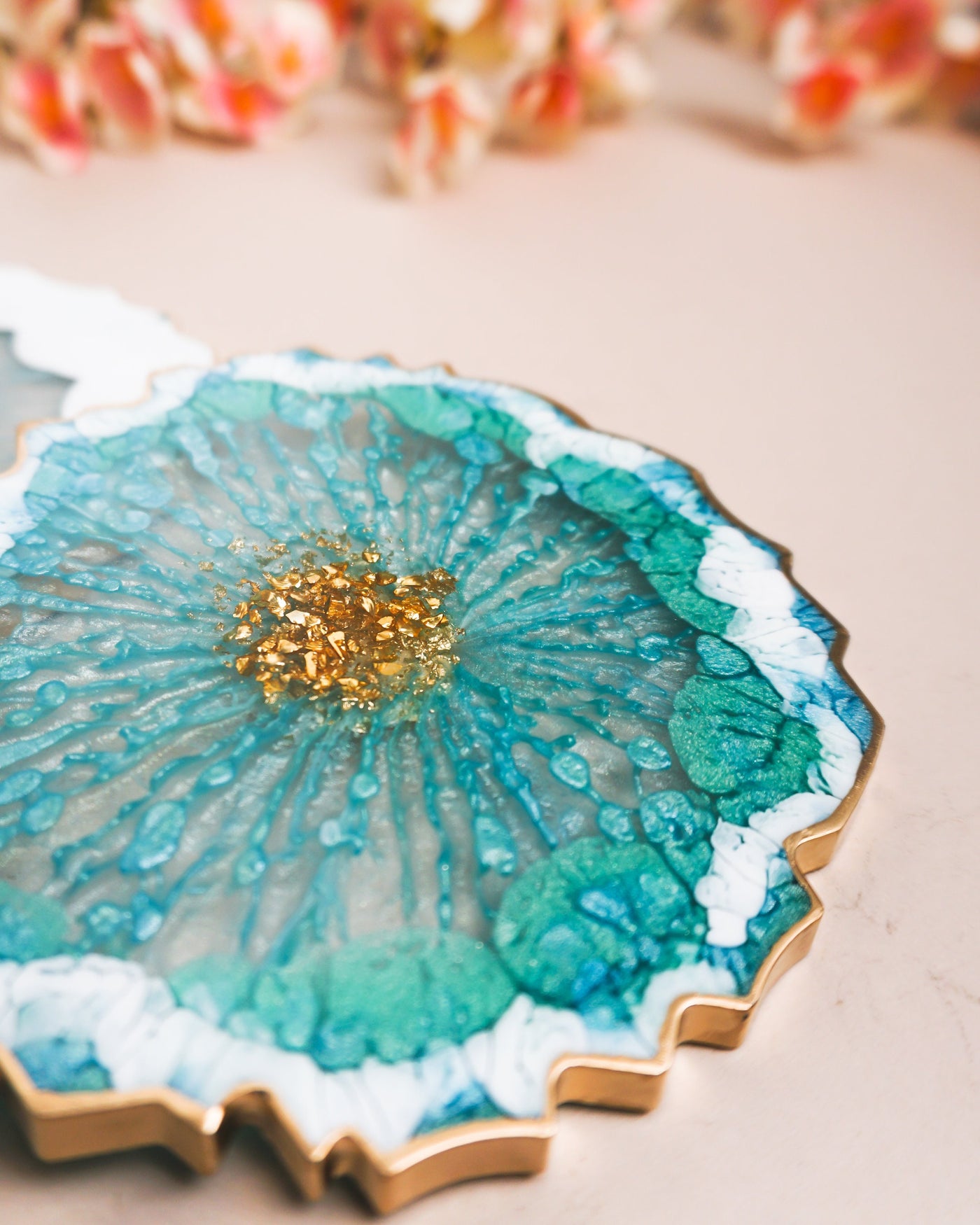 Turquoise, White & Gold Coaster Set 2 / Handmade Resin Agate Slice / Double