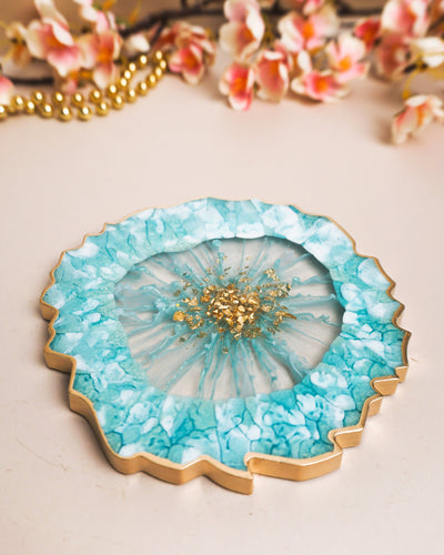 Blue, White & Gold Coaster Set 2 / Handmade Resin Agate Slice / Double