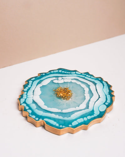 Turquoise, White & Gold Coaster Set 2 / Handmade Resin Agate Slice / Double