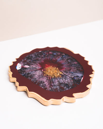 Blood Red, Blue & Gold Coaster Set 2 / Handmade Resin Agate Slice / Double