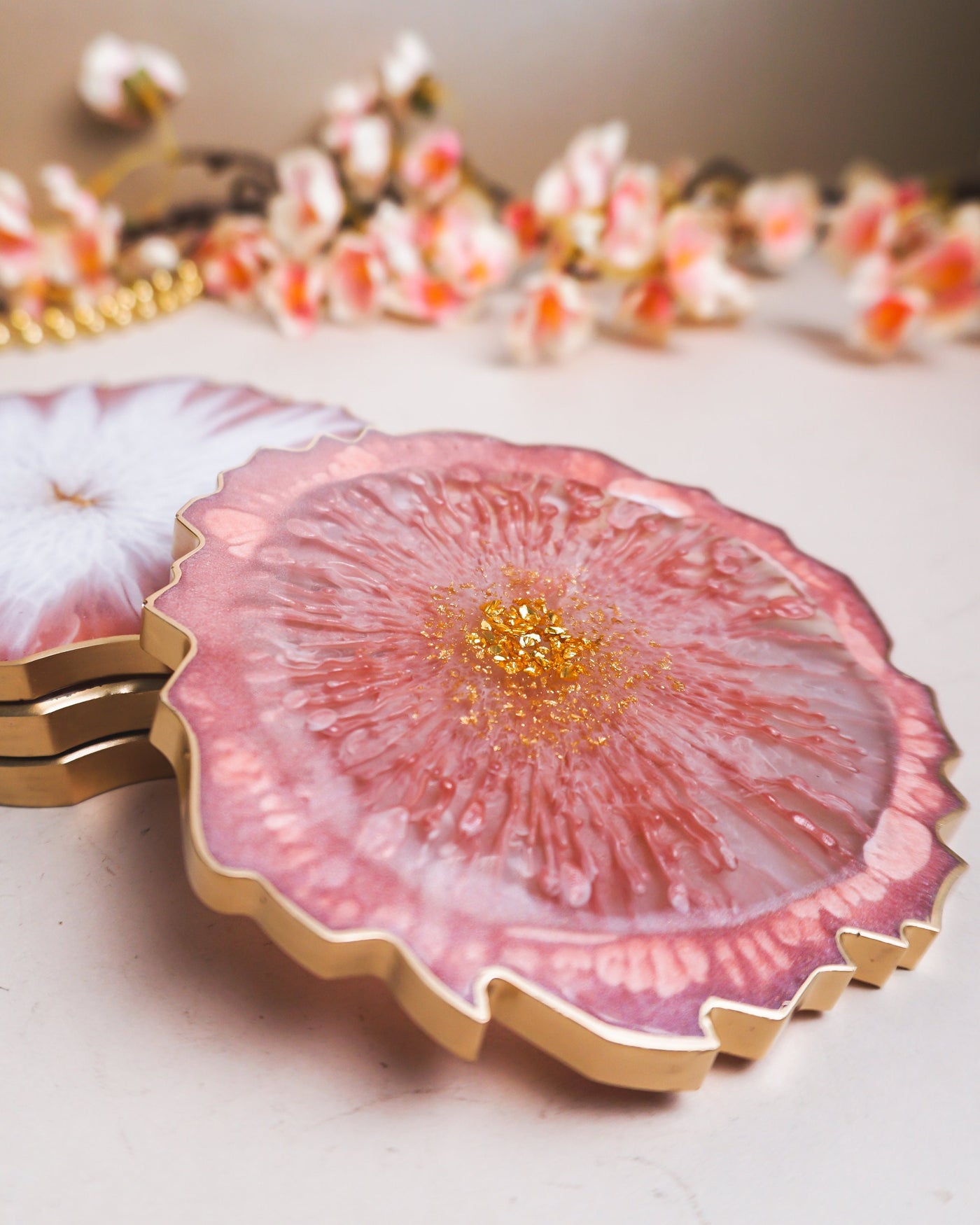 Pink, White, Gold Coaster Set 4 / Handmade Resin Coaster / Double