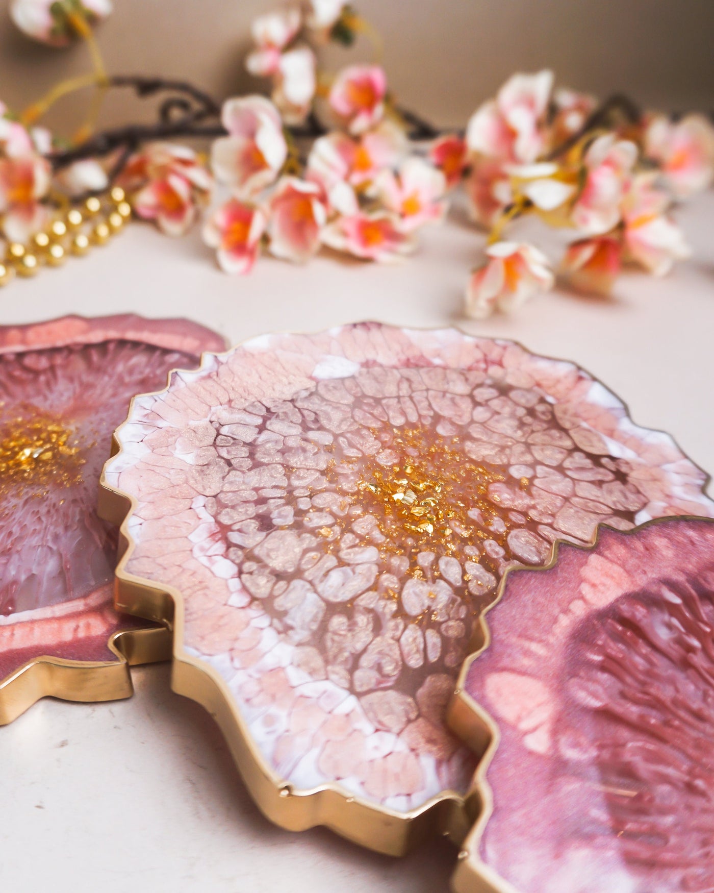 Pink, White, Gold Coaster Set 4 / Handmade Resin Coaster / Double
