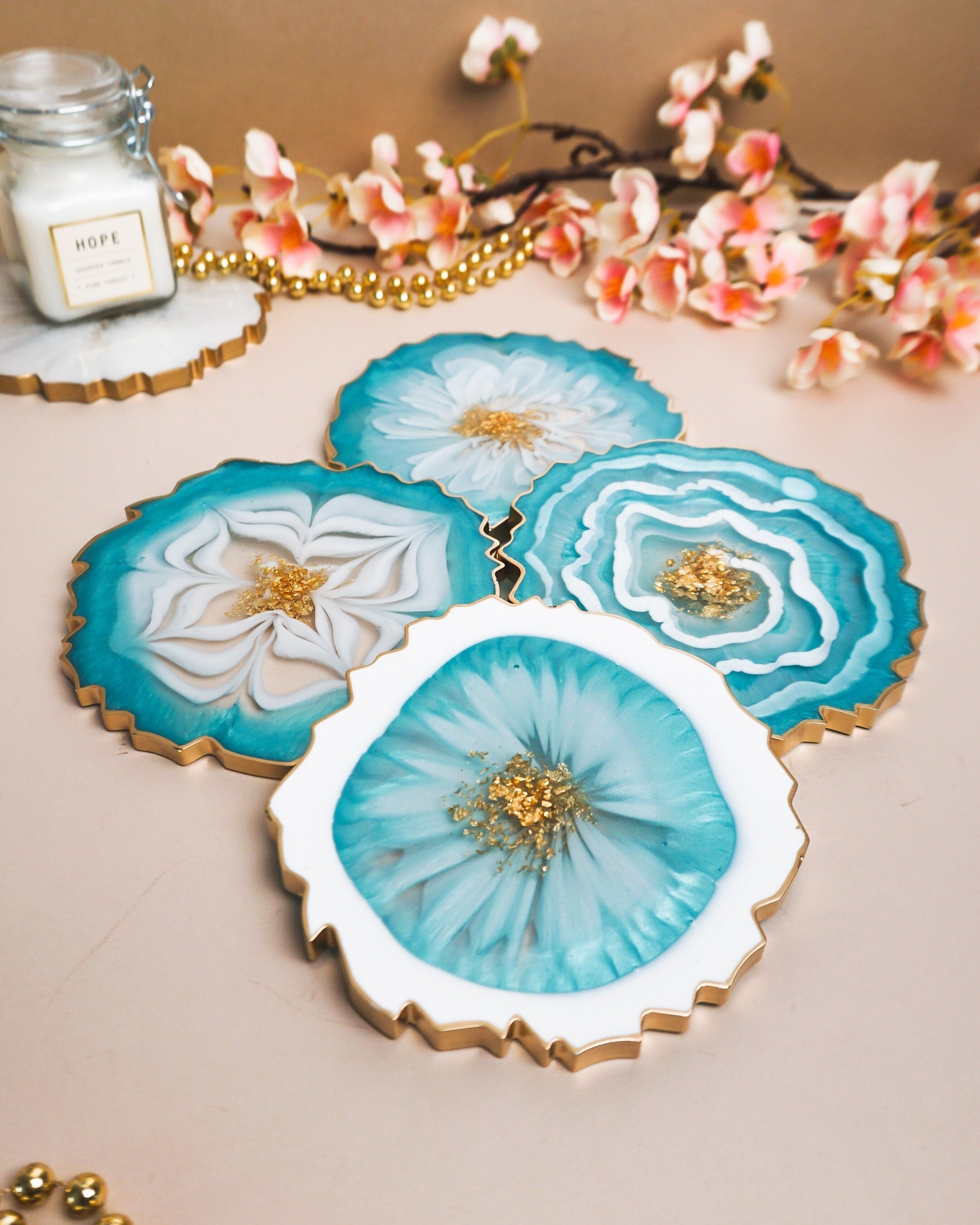 Blue, White, Gold Coaster Set 4 / Handmade Resin Coaster / Double