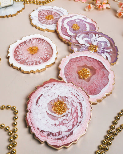 Pink and Gold Coaster Set 6 / Handmade Resin Coasters / Double