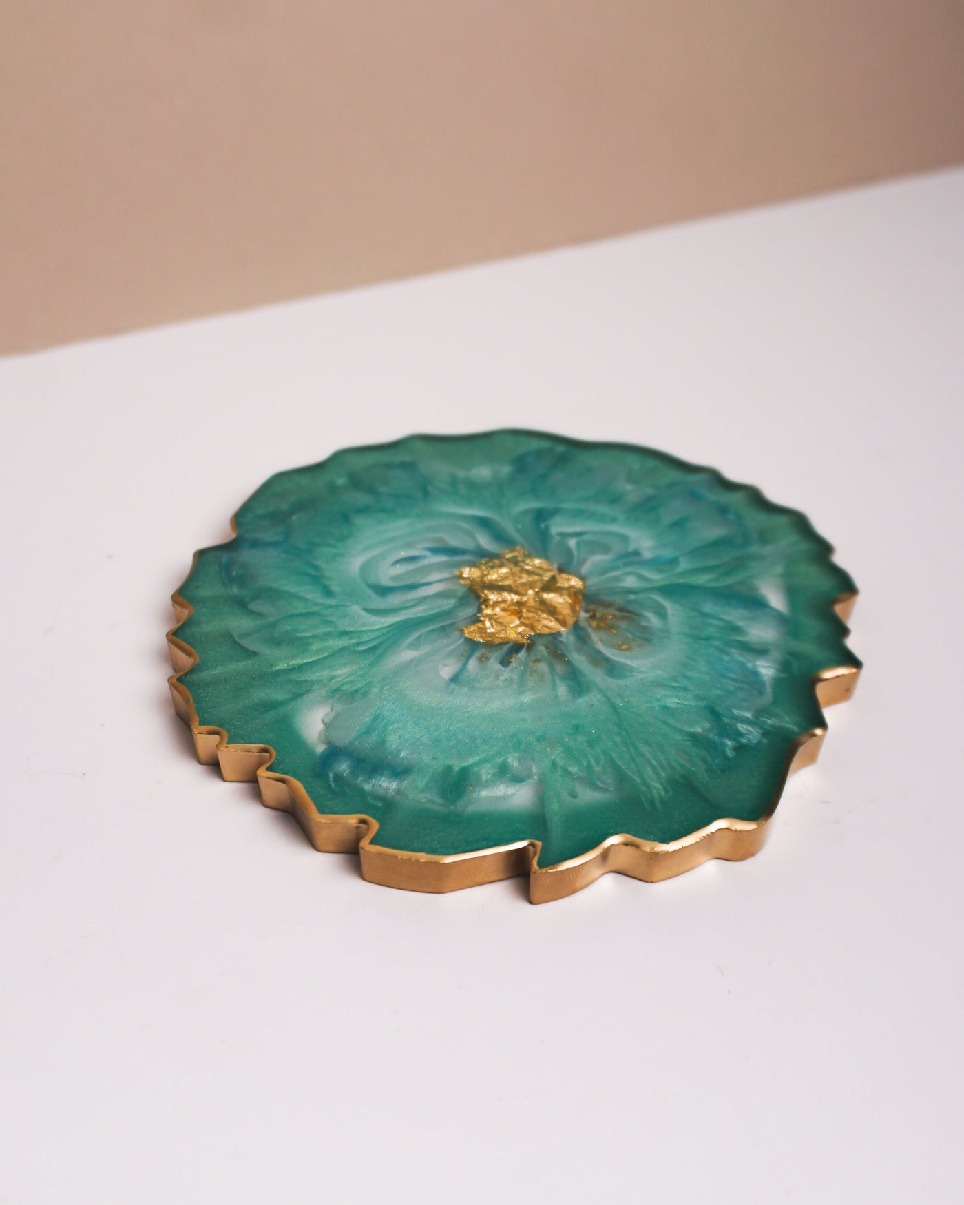 Green Aqua, White & Gold Coaster Single / Handmade Resin Agate Slice / Double