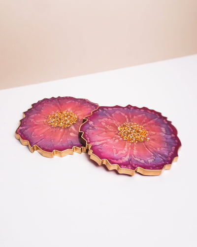 Purple Flower & Gold Coaster Set 2 / Handmade Resin Agate Slice / Gold Stones / Gift Idea for Bedroom Decor