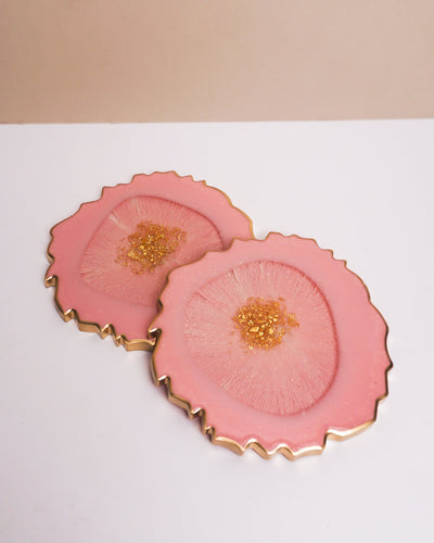 Baby Pink & Gold Coaster Set 2 / Handmade Resin Agate Slice / Gold Stones / Gift Idea for Bedroom Decor