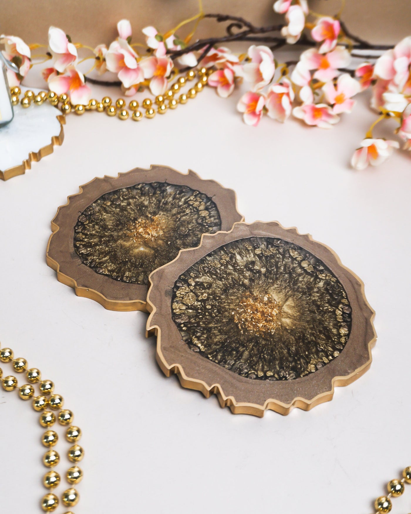 Bronze & Gold Coaster Set 2 / Handmade Resin Agate Slice / Double