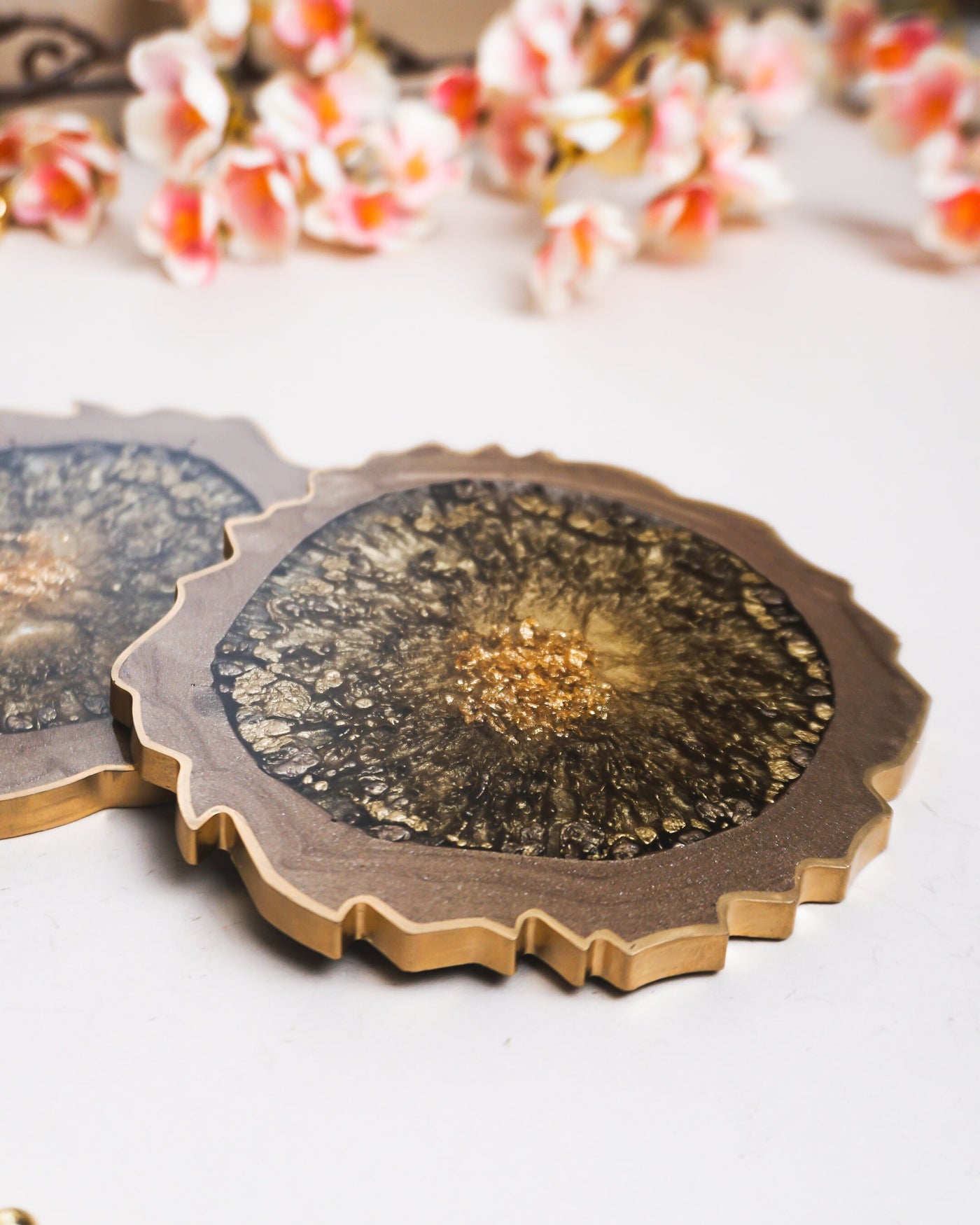 Bronze & Gold Coaster Set 2 / Handmade Resin Agate Slice / Double