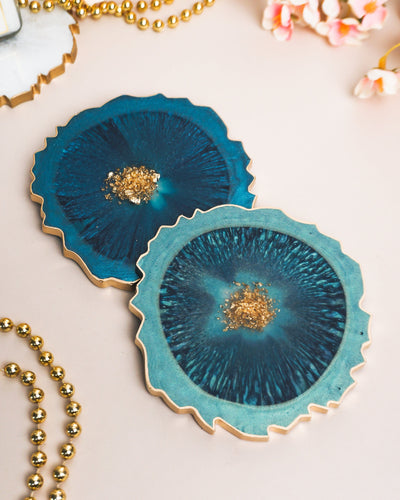 Turquoise & Gold Coaster Set 2 / Handmade Resin Agate Slice / Double