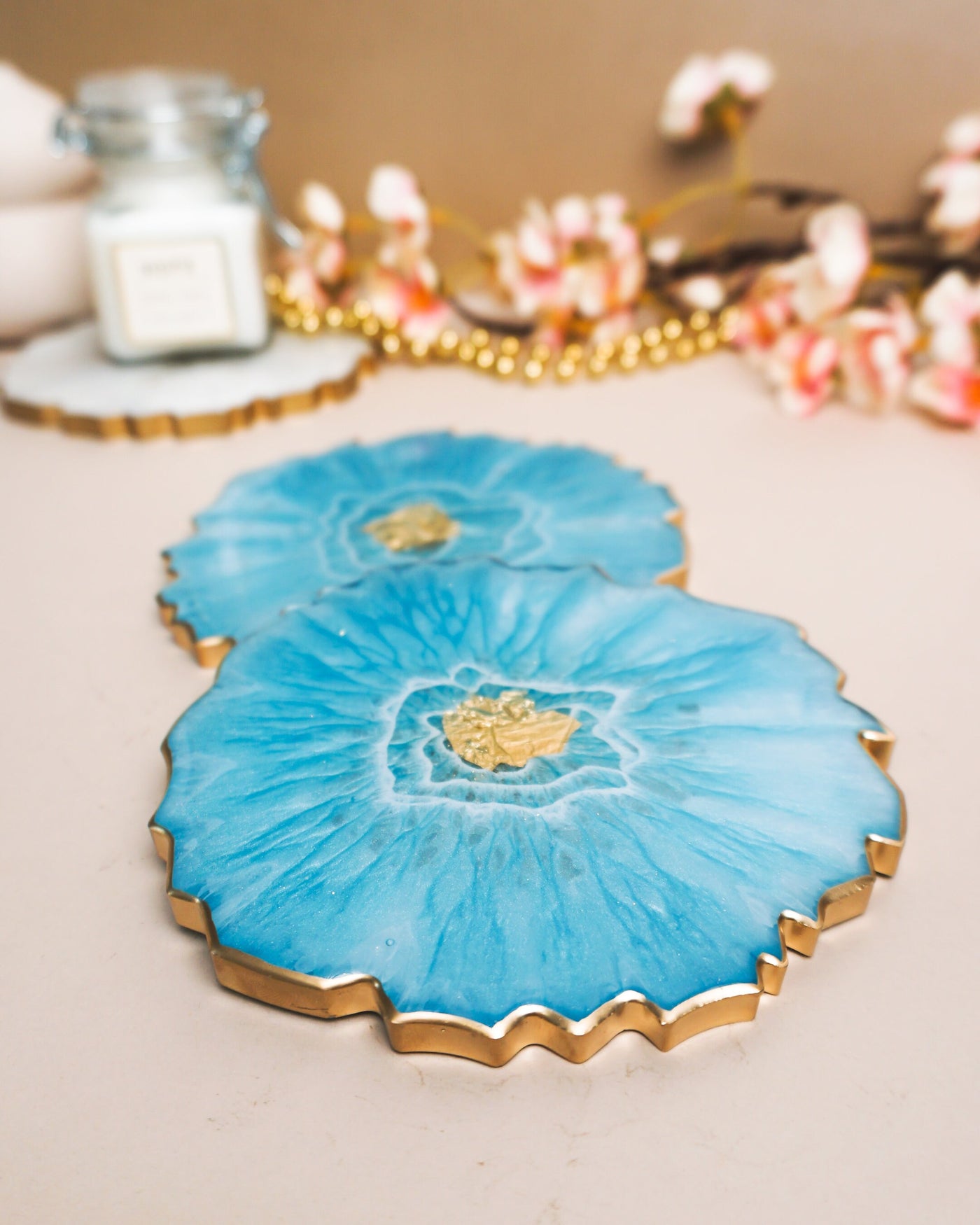 Blue, White & Gold Coaster Set 2 / Handmade Resin Agate Slice / Double