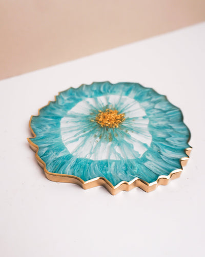 Blue, White & Gold Coaster Set 2 / Handmade Resin Agate Slice / Double