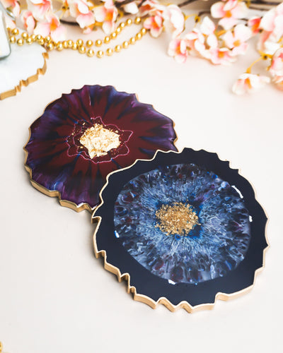 Blood Red, Blue & Gold Coaster Set 2 / Handmade Resin Agate Slice / Double