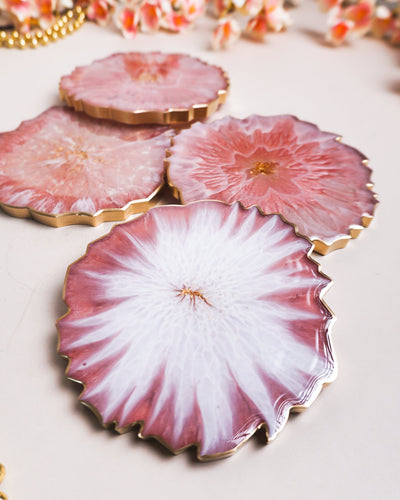 Pink, White, Gold Coaster Set 4 / Handmade Resin Coaster / Double