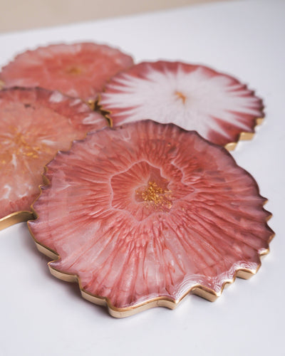 Pink, White, Gold Coaster Set 4 / Handmade Resin Coaster / Double