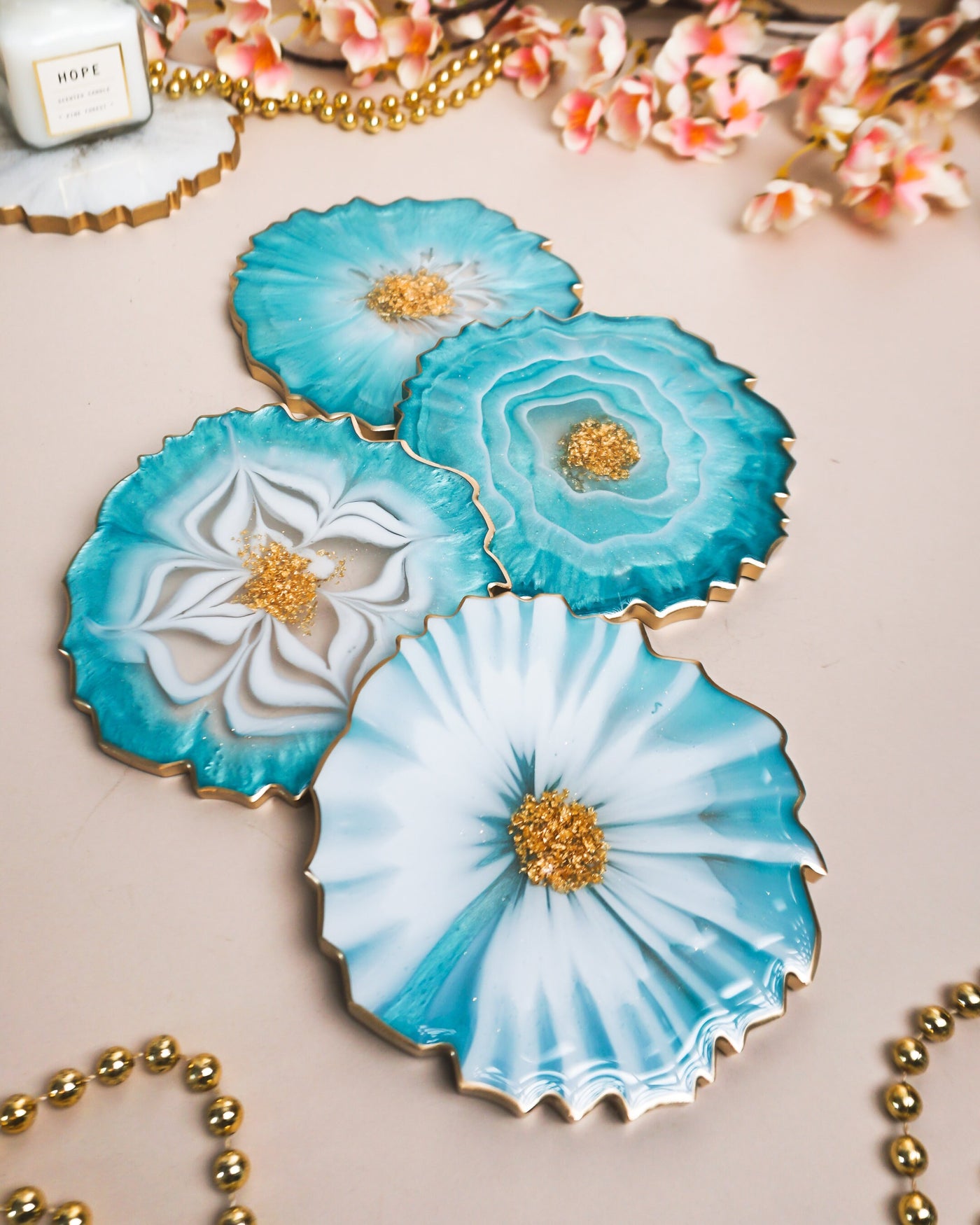Blue, White, Gold Coaster Set 4 / Handmade Resin Coaster / Double