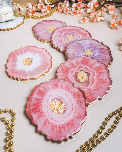 Pink and Gold Coaster Set 6 / Handmade Resin Coasters / Double