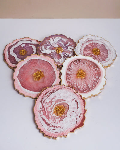 Pink and Gold Coaster Set 6 / Handmade Resin Coasters / Double