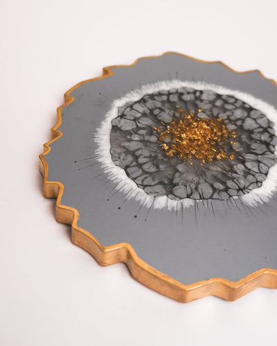 Grey & Gold Coaster Single / Handmade Resin Agate Slice / Double