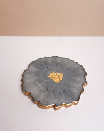 Grey & Gold Coaster Single / Handmade Resin Agate Slice / Double