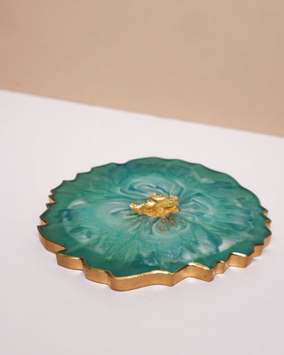 Green Aqua, White & Gold Coaster Single / Handmade Resin Agate Slice / Double